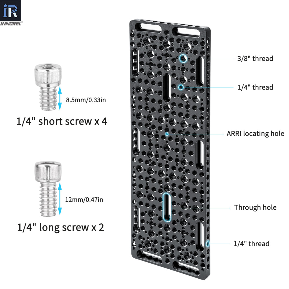 INNOREL CP3010 cheese plate showing 1/4'' short screw 1/4‘’ long screw 1/4‘’ ＆3/8‘’ thread ARRL locating hole