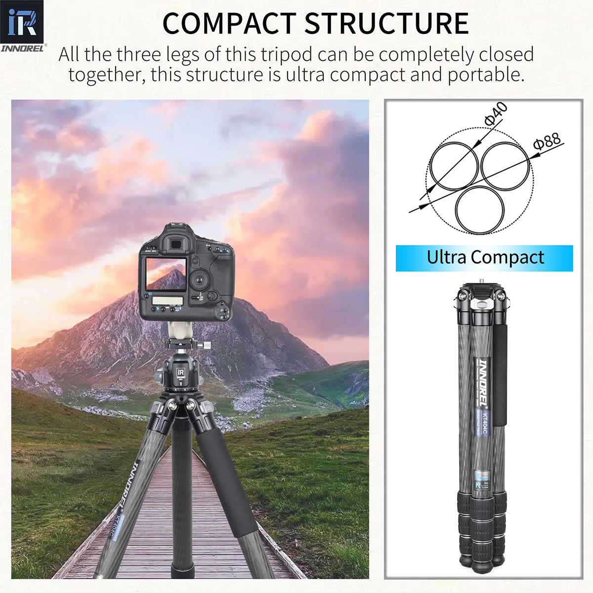 Treppiede per fotocamera in fibra di carbonio usato 40mm Tubo INNOREL KT404C (Solo gli USA hanno disponibilità)
