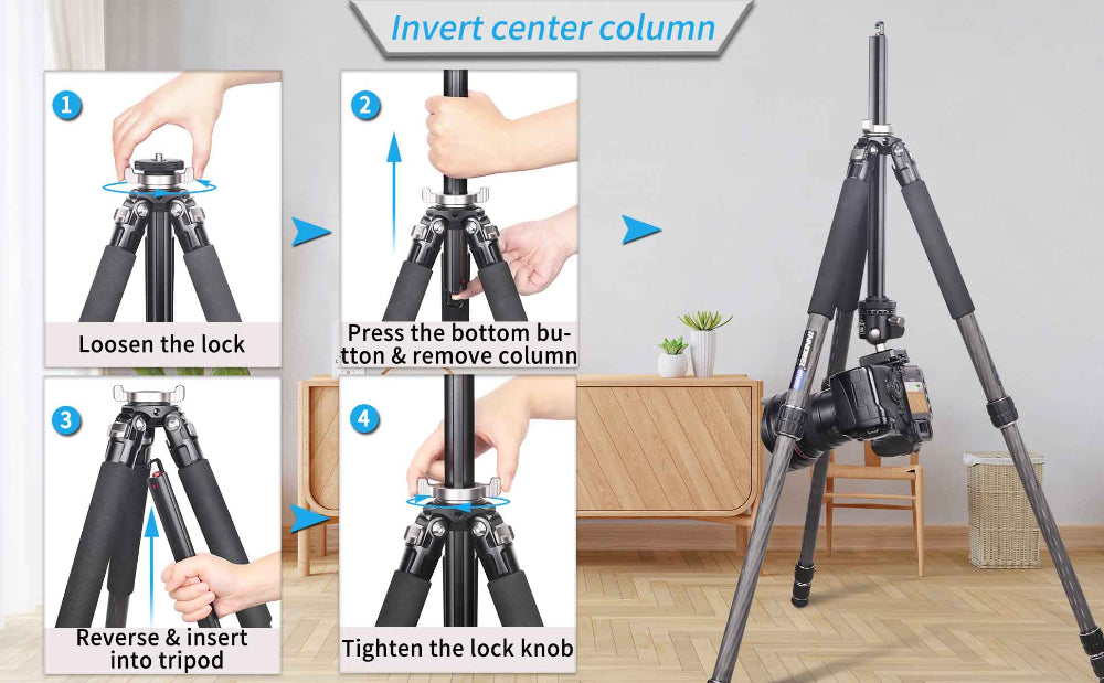 innorel GT254C Invert center column Loosen the lock;Press the bottom button & remove column;Reverse & insert into tripod; Tighten the lock knob