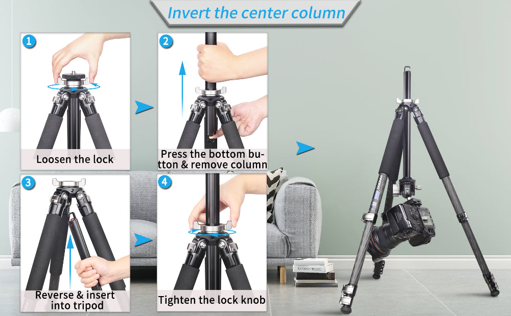 innorel GT254CF Invert center column Loosen the lock;Press the bottom button & remove column;Reverse & insert into tripod; Tighten the lock knob