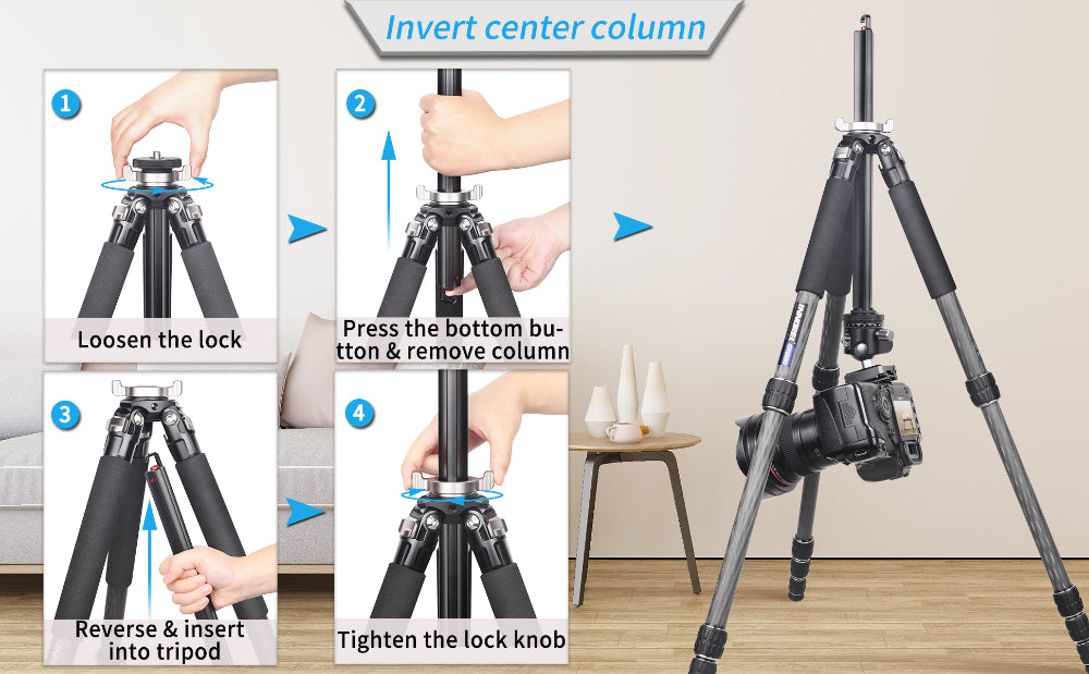 innorel GT255C Invert center column -Loosen the lock;Press the bottom button & remove column;Reverse & insert into tripod; Tighten the lock knob