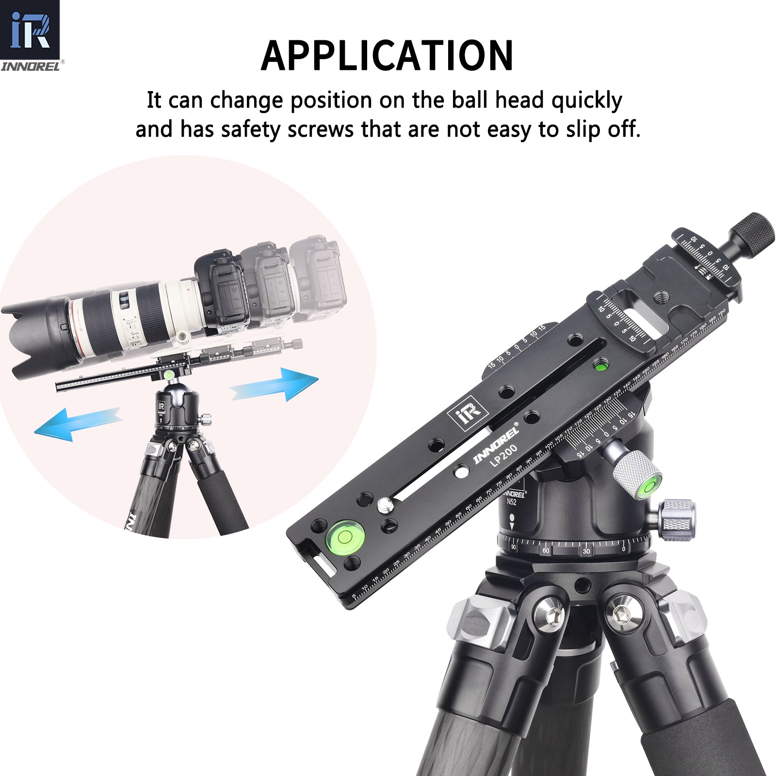 INNOREL LP200 aluminum alloy quick release plate can change position on the ball head quickly and has safety screws that are not easy to slip off