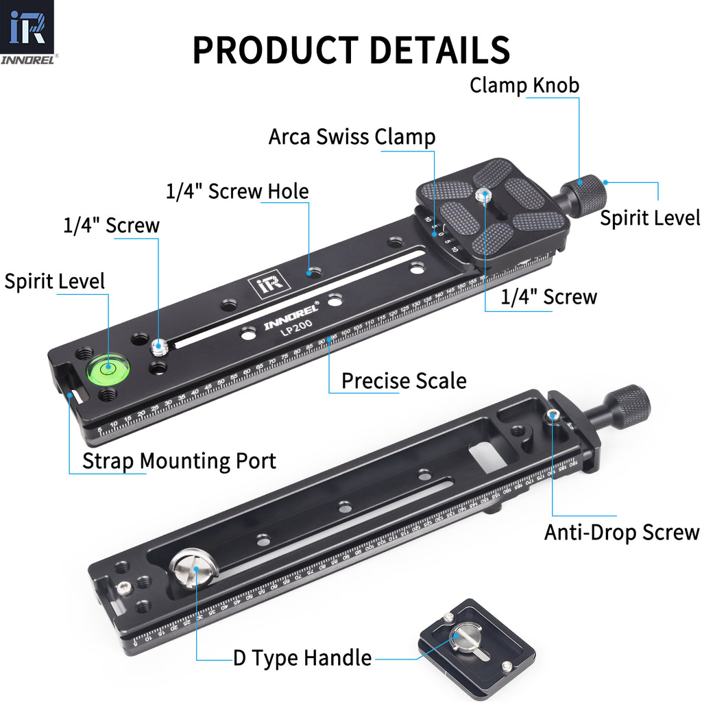 INNOREL LP200 aluminum alloy quick release plate features clamp knob spirit level D type handle anti-drop screw precise scale Arca Swiss clamp