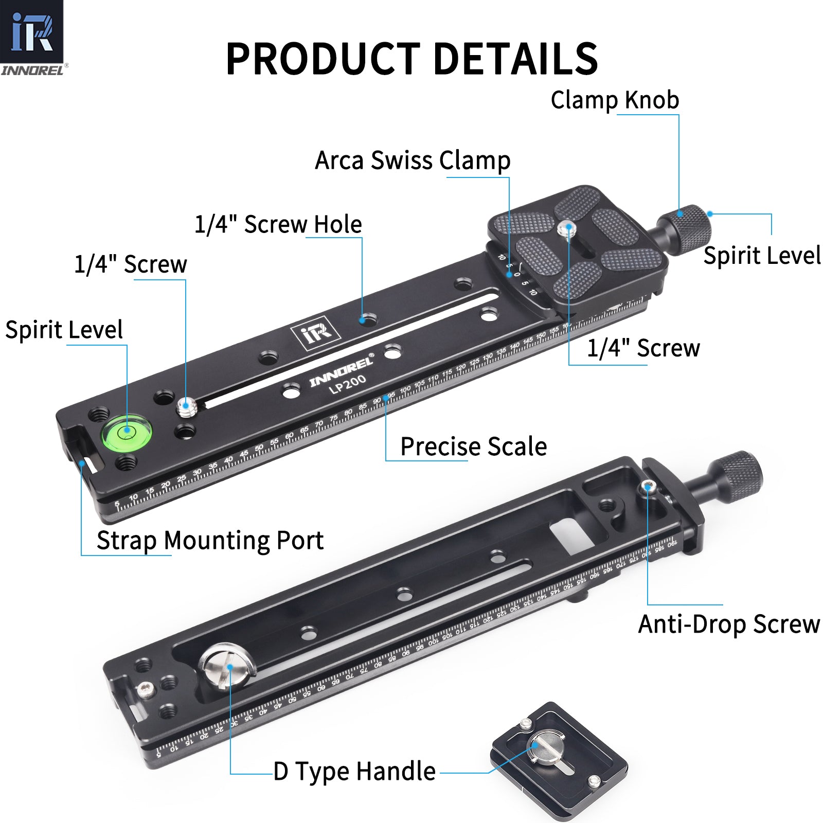 INNOREL LP200 aluminum alloy quick release plate features clamp knob spirit level D type handle anti-drop screw precise scale Arca Swiss clamp