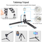 The removable base can be used as a Mini table-top tripod. It can also be connected to a phone clip for phone shooting.