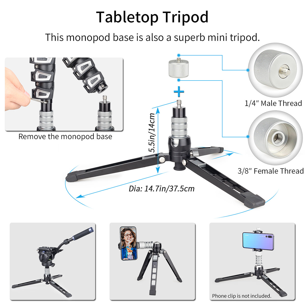 The removable base can be used as a Mini table-top tripod. It can also be connected to a phone clip for phone shooting.
